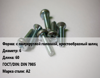 Винт с полукруглой головкой, крестообразный шлиц 6х60 DIN 7985 Сталь: А2, цена за шт, кг цена от 4.5 Тг / кг, где купить, условия доставки в Шымкенте и Южно-Казахстанской области